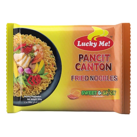 Lucky Me! Pancit Canton Chowmein Noodles Sweet And Spicy Flavour 6 Noodles 60g Pack of 2