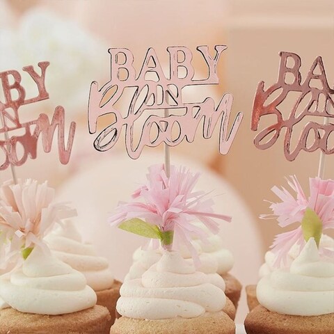 Ginger Ray Baby In Bloom Baby Shower Floral Cupcake Toppers 12-Pieces- Rose Gold