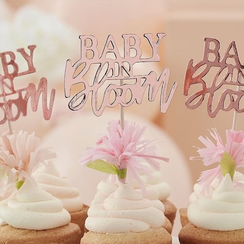 Ginger Ray Baby In Bloom Baby Shower Floral Cupcake Toppers 12-Pieces- Rose Gold