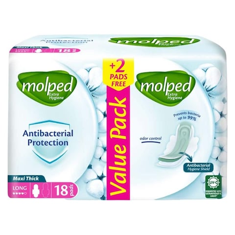 Molped Antibacterial Long Pads - Maxi Thick - 18 Pads