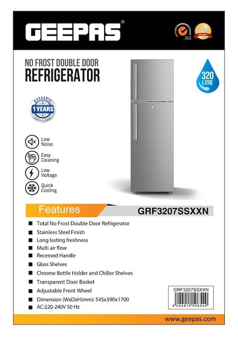 Geepas GRF3207SSXXN 320L Free Standing Durable Double Door Refrigerator,  Quick Cooling, Low Noise, Low Energy Consumption, Defrost Refrigerator   1 Year Warranty
