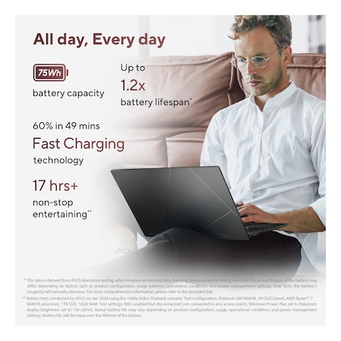 Asus Zenbook 14 OLED UM3406HA-OLEDR7W, AMD Ryzen 7 8840HS, 16GB RAM, 1TB SSD, 14-inch WUXGA OLED, Windows 11 Home, Jade Black, English/Arabic