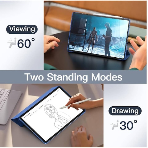 For Samsung Galaxy Tab S9 Plus 12.4-Inch, Translucent Back Tri-Fold Stand Protective Tablet Case Cover, Support S Pen Charging Auto Wake/Sleep Blue