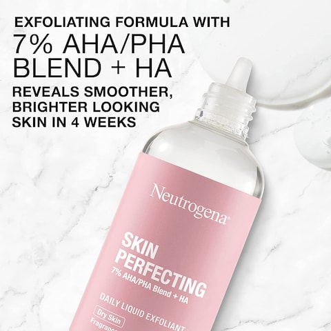 Neutrogena Skin Perfecting Daily Liquid Facial Exfoliant With 7% Aha/Pha Blend + Ha To Smooth, Exfoliate &amp; Replenish Dry Skin, Leave-On Face Exfoliator, Oil- &amp; Fragrance-Free, 4 Fl. Oz