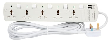 Terminator Brand Universal Power Extension Socket with 2 USB - 5 way 3M