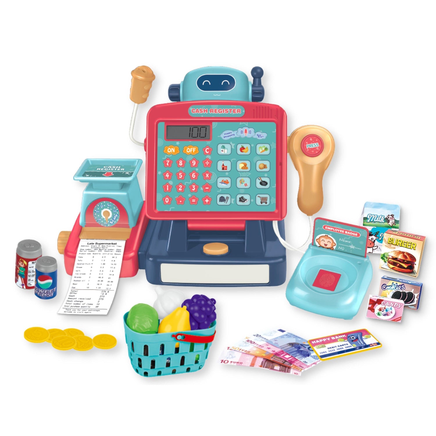 Fitto supermarket cash register for kids, Supermarket Pretend Play with Shopping Basket, Toy Cash Money with Working Calculator, microphone, credit card for Boy Girls aged 3+, Blue and Red