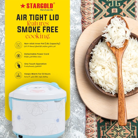 STARGOLD Rice Cooker 1.8 Liter Automatic 700W Multi Cooker 220-240V for Healthy Cooking White, SG-318