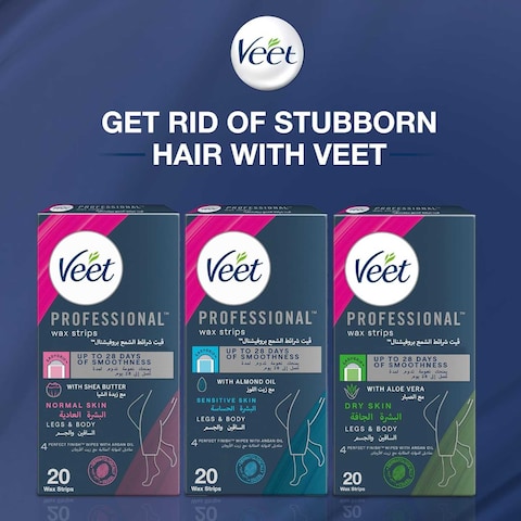 Veet Professional Hair Removal Easy-Gel Legs &amp; Body Wax Strips With Almond Oil For Sensitive Skin Perfect Finish Wipes With Argan Oil Up To 28 Days Of Smoothness, 20 Wax Strips