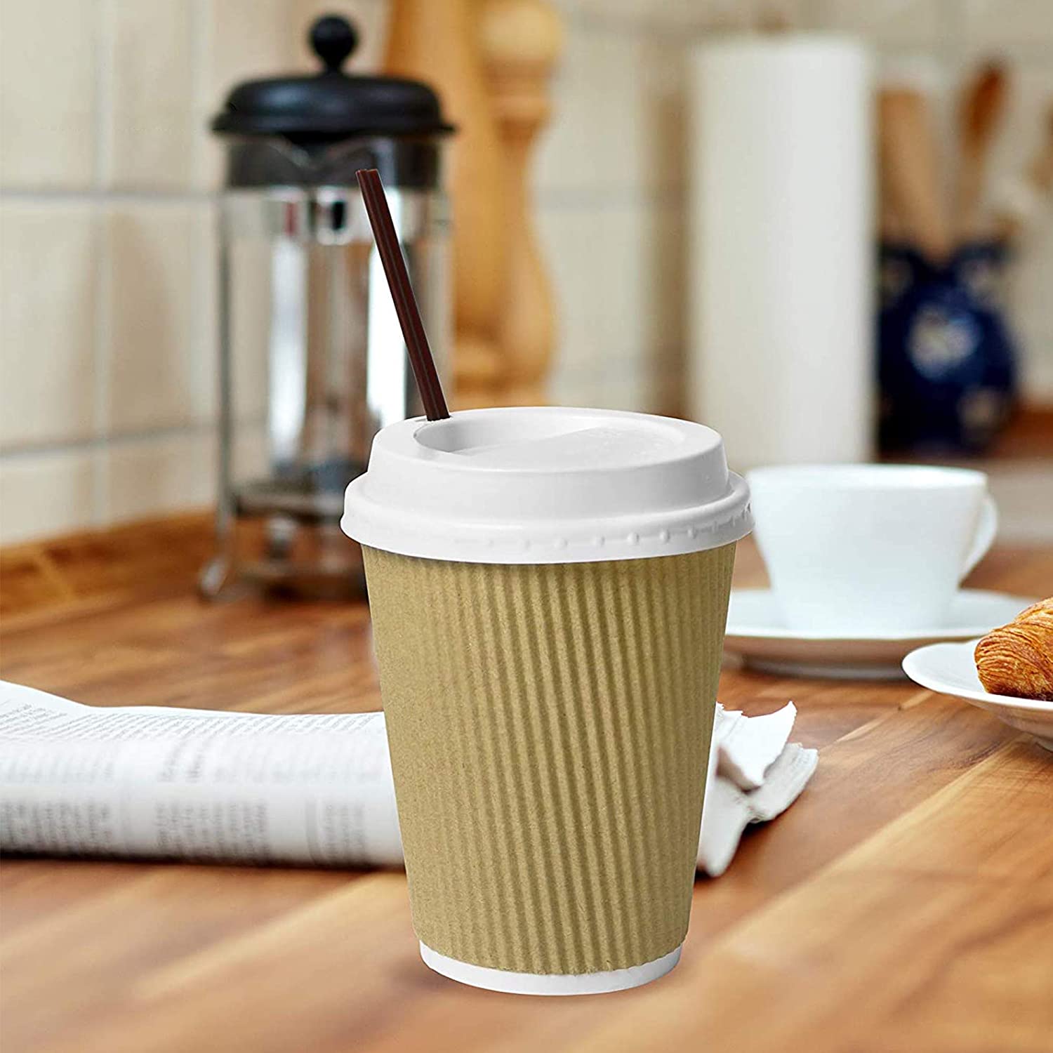 Markq [50 Sets] 12 oz. Brown Disposable Ripple Insulated Coffee Cups with Lids - Hot Beverage Corrugated Paper Cups