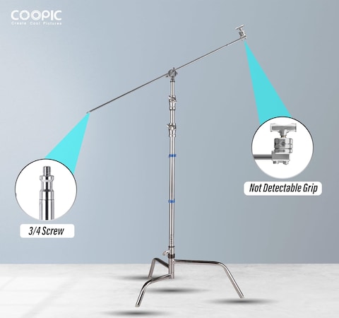 COOPIC King Series 100% Stainless Steel Heavy Duty C Stand with Boom Arm, Max 157cm Photography Light Stand with 56cm Holding Arm, 2 Grip Head for Studio Mono light, Soft box, Reflector(K20)
