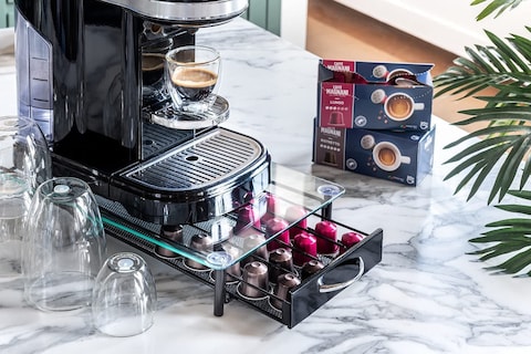 1CHASE&reg;️ Glass Top Coffee Capsule Holder With Drawer, 40 Pcs Nespresso Coffee Pods Holder, Home ,Kitchen, Office and Counter Organizer