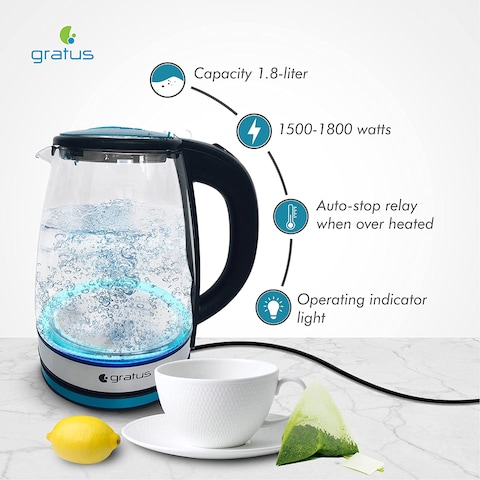 Gratus Electric Glass Kettle 1.8 Liter - Full Thermo Resist Borosilicate Glass body, 1500-1800W , Cordless Base, Aesthetic LED light design, Auto Cutoff, 2 Year Warranty (Transparent Glass)