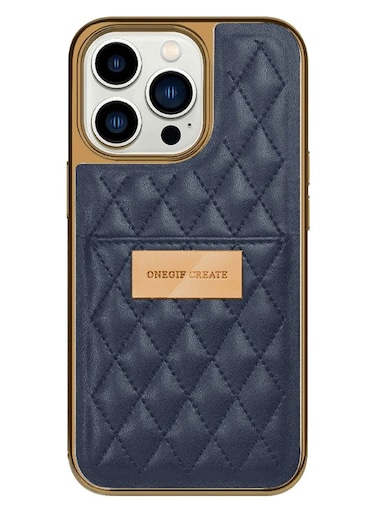 ONEGIF Design iPhone 14 Pro Max Case Premium Leather Case Cover with Card Slot Holder Dark Blue