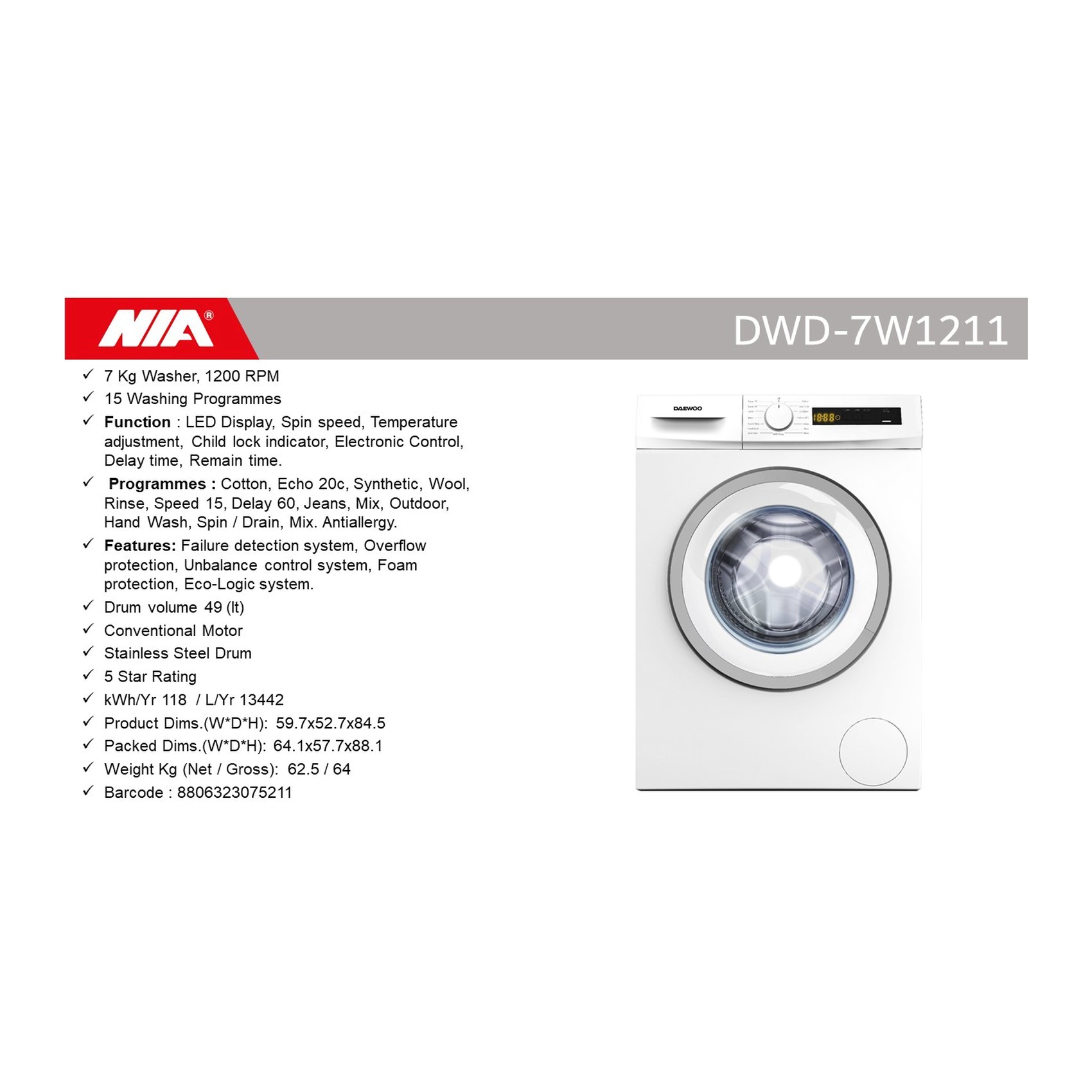 Daewoo Front Loading Washing Machine 7kg DWD-7W1211 White