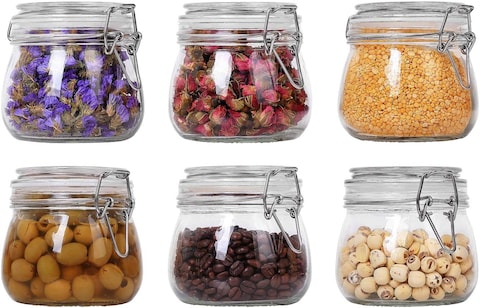 Star Cook Airtight Glass Canister Set of 6 - 17oz Food Storage Jar Round Clear Preserving Seal Wire Clip Fastening for Kitchen Canning Cereal,Pasta,Sugar,Beans,Spice