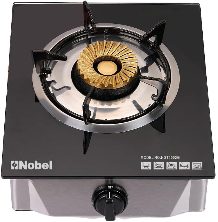 Nobel Single Gas Burner/1 Brass Burner Gas, Heavy-Duty Cast Iron Burner With Piezo Ignition And High Quality Tempered Glass Panel 320 x 410 x 160 (W x D x H) mm NGT1002G With 1 Year Warranty