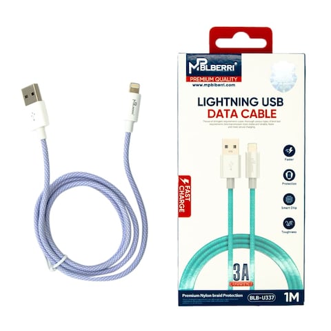 mpBLBERRI BLB-U337 Lightning USB Data Cable 1 Meter, White &amp; Purple