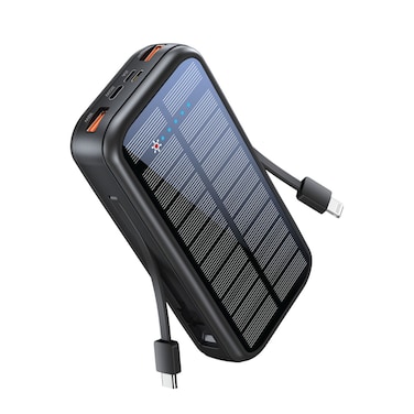 Promate Solar Power Bank, Portable 20000mAh Battery Charger with Built-in 5V/2.1A USB-C and Lightning Cables, 20W USB-C Power Delivery and Dual QC 3.0 Ports for iPhone 13, Galaxy S22, SolarTank-20PDCi