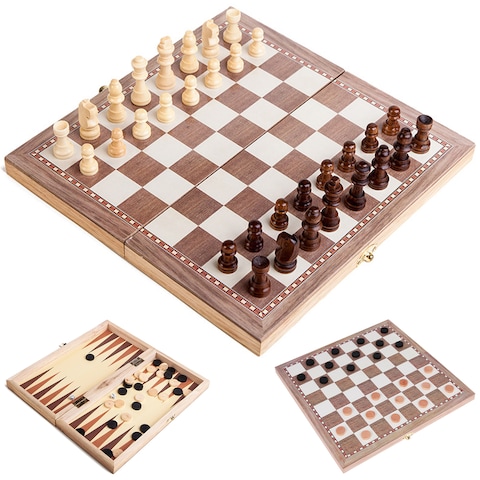 Generic-Beige 3-in-1 Multifunctional Wooden Chess Set Folding Chessboard Game Travel Games Chess Checkers Draughts and Backgammon Set Entertainment Educational Toys