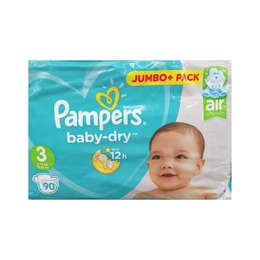 Pampers Baby-Dry Diapers, Size 3, 6-10kg, Up to 100% Leakage Protection Over 12 Hours, 90 Baby Diapers