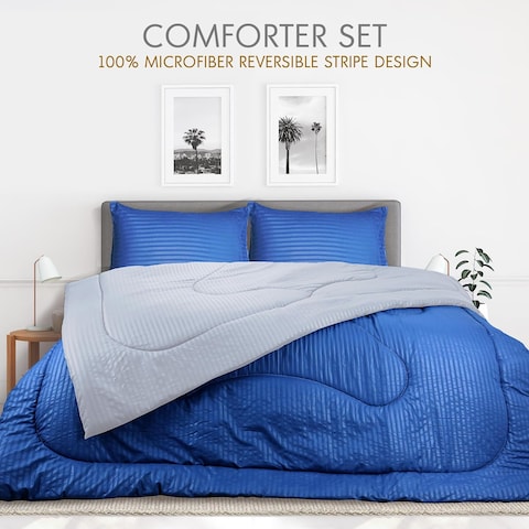 Hotel Linen Klub Reversible Down Alternative Comforter Set, Ultra Soft Brushed Stripe Microfiber Fabric, 200GSM Soft Fibersheet Filling, Size: Single 160 x 200cm, Royal Blue &amp; Lt. Grey