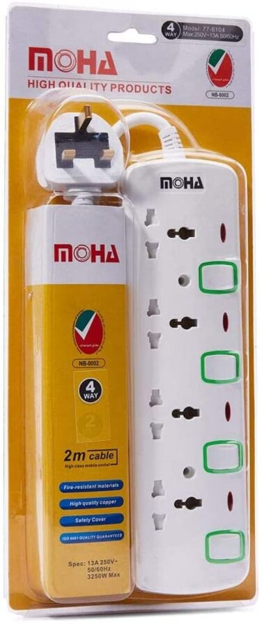 77-6104 4 Way Extension Socket 4 outlet with out USB OUT, 2 Meter long wire MOHA Brand with BS 13A Plug and 4 separate switch 3250 watts load Maximum Power indicate Neon Hair