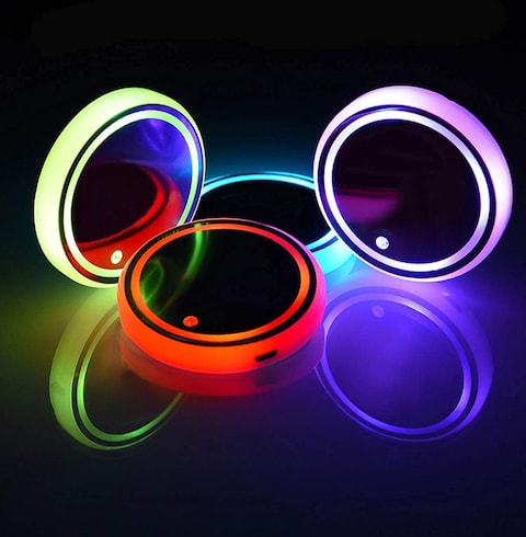 SHOWAY LED Car Cup Holder Lights, 7 Colors Changing USB Charging Mat Luminescent Cup Pad,Luminescent Cup Pad Interior Atmosphere 2pcs Interior Atmosphere