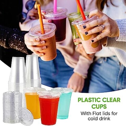 Vsell24&trade; 50PC Disposable Drinking Plastic Cup 16oz For Smoothie Coffee Water Juice Cups With Flat Lid Clear&hellip;