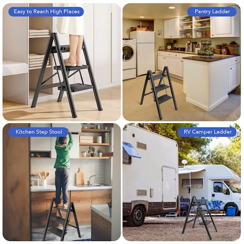 HEXAR&reg; Multipurpose Step Ladder Folding Ladder with Anti-Slip Pedal Folding Step Stool Portable Lightweight Foldable Stepladder for Home Kitchen Library Office 150 KG Capacity (3 STEPS)