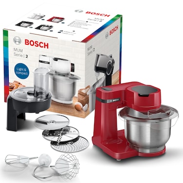Bosch Kitchen Machine ,700 Watt, 4 Speed Settings, 3.8 Liter Bowl, Whisk, Stirrer &amp; Kneading Hook, Continuous shredder with 3 discs Red Colour-MUMS2ER01G