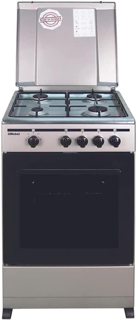 Nobel 50 x 50 Gas Cooker, 4 Gas Burners, Gas Oven With Grill Function, Enamel Grids Lid Stainless Steel Top, Made in Turkey NGC5000 Silver