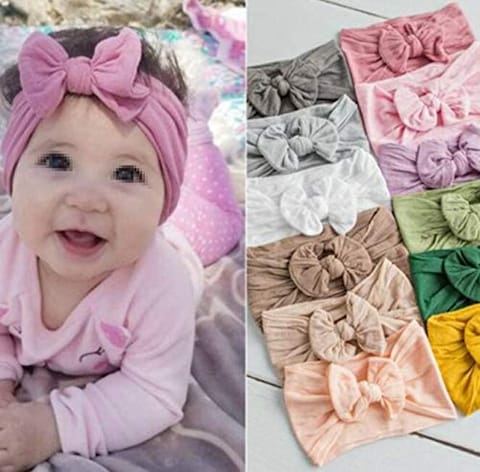 SHOWAY 6PCS Baby Girl Nylon Headbands and Bows Super Soft Stretchy Elastic Turban Knotted Hairbands Hair Bands Hair Accessories For Newborn Baby Girls Infant Toddlers Kids (Assorted Colors)