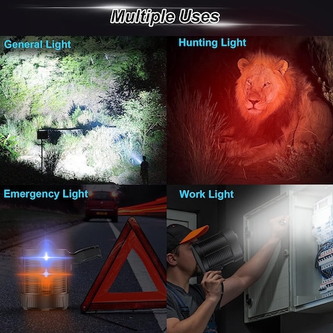 Handheld Flashlight with Solar Charging 1700 Lumens Super Bright LED Spot Lights with 4 Color Options Included and 6 Modes Large Searchlight with COB Light and IPX5 Waterproof for Camping and Hunting