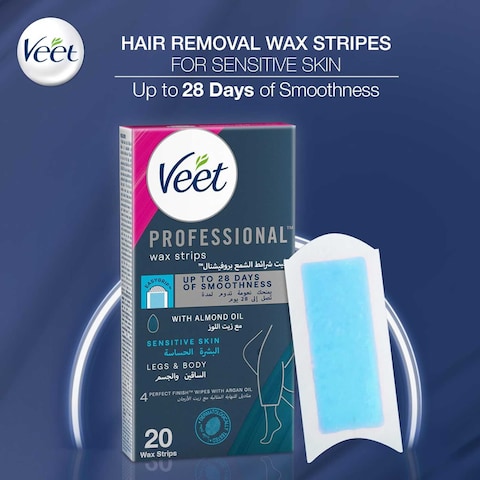 Veet Professional Hair Removal Easy-Gel Legs &amp; Body Wax Strips With Almond Oil For Sensitive Skin Perfect Finish Wipes With Argan Oil Up To 28 Days Of Smoothness, 20 Wax Strips