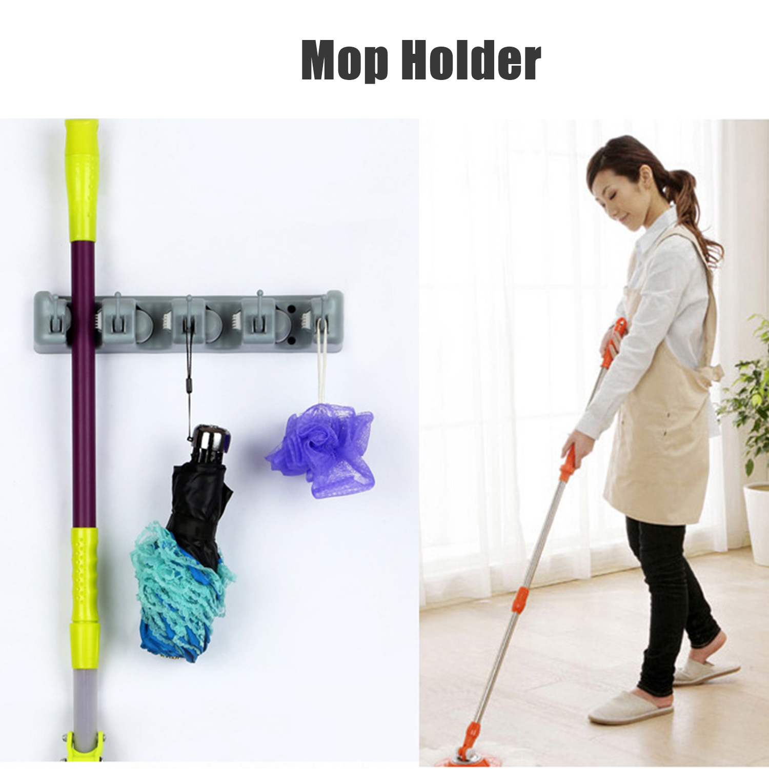 Decdeal - Mop Holder With Hook Broom Holder Drilling Wall Mounted Broom Hanger Organizer Storage Rack Kitchen Bathroom Garden