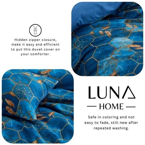 Luna Home Queen Size 6 Pieces, Blue Marble Design Bedding Set