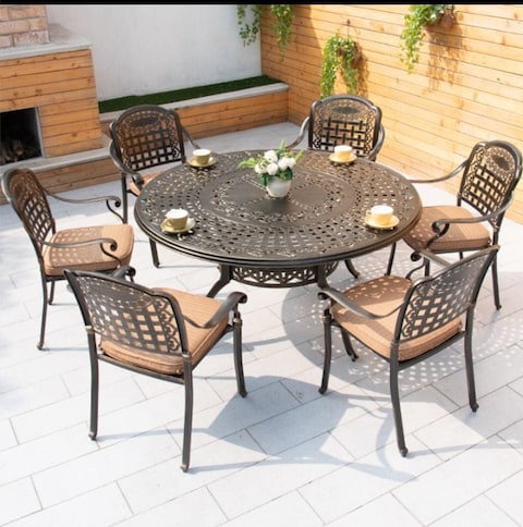 Yulan 7-Piece Outdoor Furniture Dining Set, All-Weather Cast Aluminum Patio Conversation Set, Include 6 Chairs And A Round Table With Umbrella Hole For Balcony Lawn Garden Backyard (B) 603