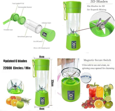 Generic Portable USB Juicer Cup Blender, 6 Blades In 3D, Rechargeable, 380ml - Green