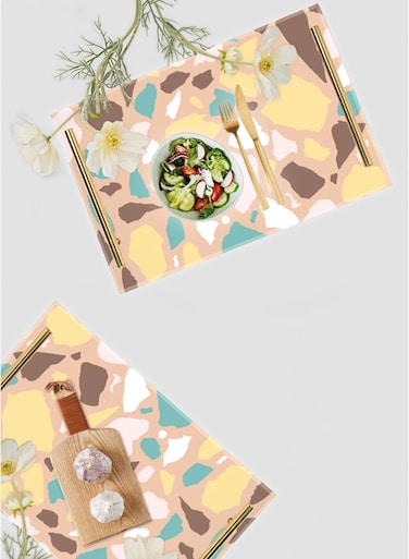 Lowha Decorative Acrylic Serving Tray With Gold Metal Handles And Terrazzo Pattern Design 20x30 cm