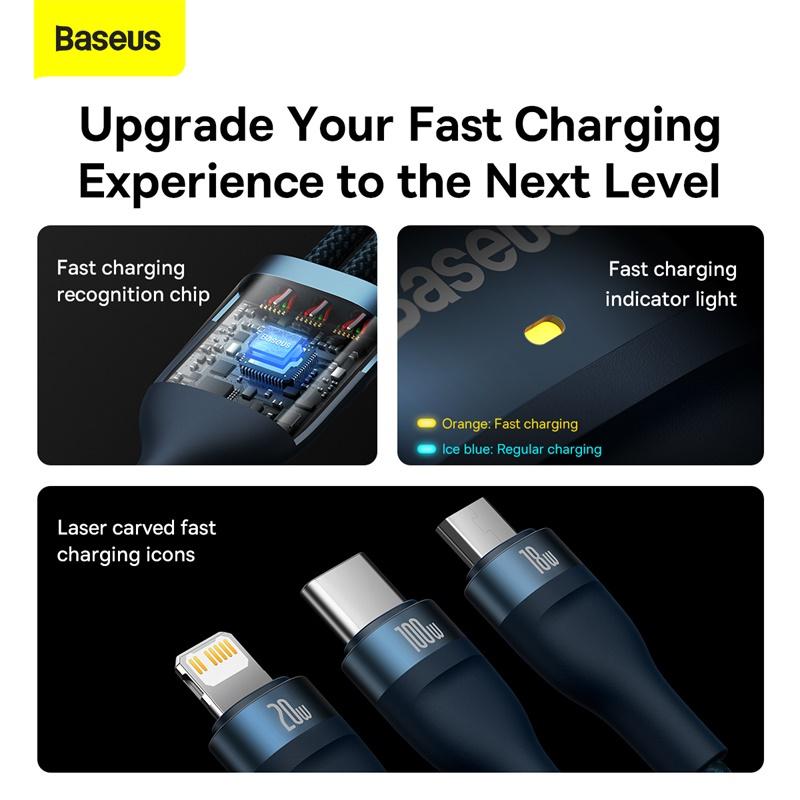 كابل بيانات Baseus 100W Flash Series II اثنان مقابل ثلاثة شحن سريع USB من النوع C متوافق مع iPhone 15/14/13/12/11 Series/MacBook/iPad/Samsung/Huawei والمزيد بطول 1.2 متر، أزرق