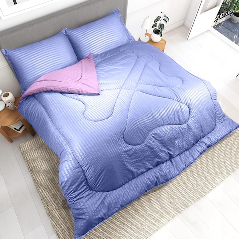 Hotel Linen Klub Reversible Down Alternative Comforter Set, Ultra Soft Brushed Stripe Microfiber Fabric, 200GSM Soft Fibersheet Filling, Size: King 240 x 260cm, Purple &amp; Lilac