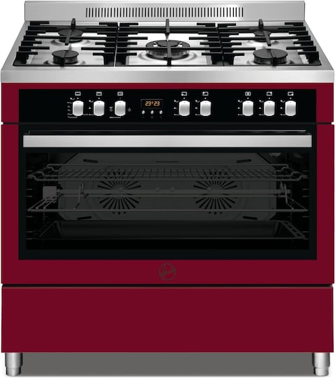 Hoover Full Gas Cooker, 5 Burner, 90X60, Oven With 2 Convection Fan &amp; 1 Cooling Fan &amp; Self Cleaning, HGC-S95G-R, Cranberry Red