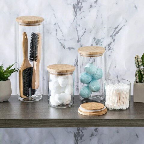 1CHASE Borosilicate Glass Jars With Bamboo Lids, Glass Food Storage Jars With Wood Lids For Pantry-4 Pcs Set (2200ml/ 1200ml/ 750ml/ 500ml)