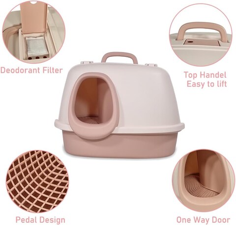Cat Litter Box With Cat Litter Scoop, Large Indoor Cats Toilet , Easy Clean &amp; Deodorant Filter, Portable Cat Litter with Pedal Design (Pink)