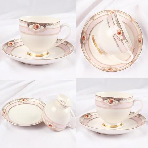 XIANGYU dinner set porcelain gold, 32pcs tea set; (12)pcs tea cup/saucer, (6) 10&#39;5 flat plate, (6) 7&#39;5 flat plate, (6) 6&#39; salad bowl, (1) 6&#39; salad bowl, (1) 14&#39; oval plate. New Ceramic Bone China, The