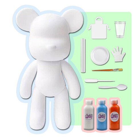 DIY CREATE YOUR OWN UNIQUE ACRYLIC FLUID POURING PAINT BEAR (9 inch - 23 cm) COMPLETE SET, colors: White, Light-Blue, Orange. Arts and Crafts, Customize Handmade Creative Birthday Gift