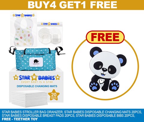 Star Babies Buy 3 Get 1 ( Stroller bag. Bibs 20, Changing mat 20, Breast Pad 20, Teether toy 1pc)
