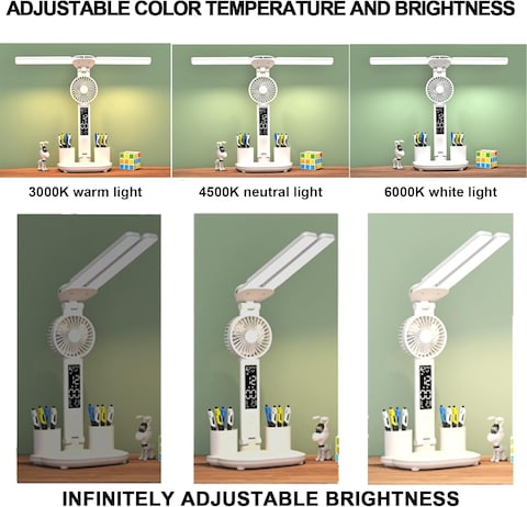 Foldable Double Head Led Fan Desk Lamp,USB Rechargeable Reading Lamp with Digital Temp, Time, Date, Pen Holders 3 Color Modes and Infinite Dimming, Double Swing Arm Desk Lamp,for Reading, Home