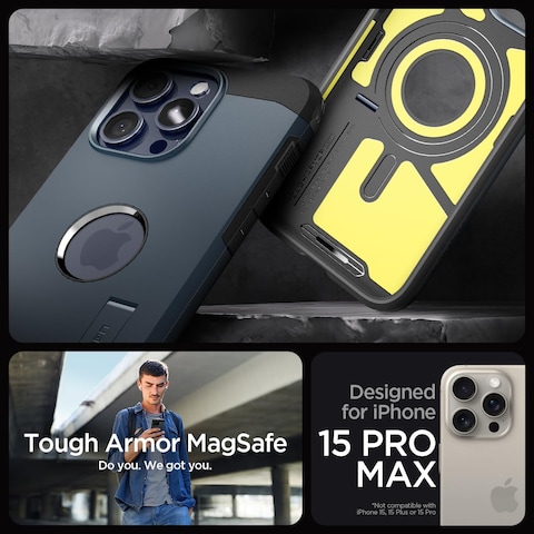 Spigen Tough Armor MagFit designed for iPhone 15 Pro Max case cover (2023) compatible with MagSafe - Metal Slate