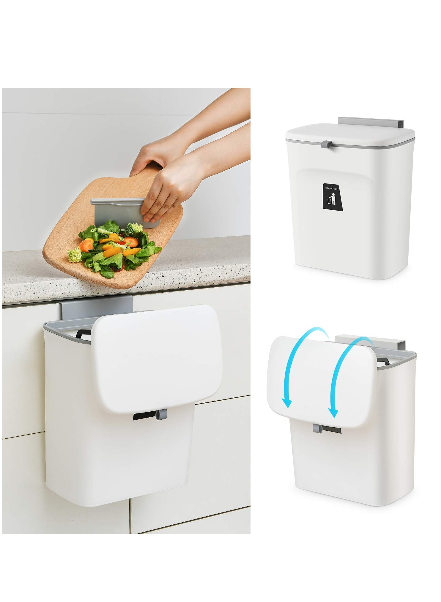 Hanging Trash Can with Lid 2.4 Gallon for Counter Top or Under Sink for Bathroom Bedroom Office Living Room and Kitchen